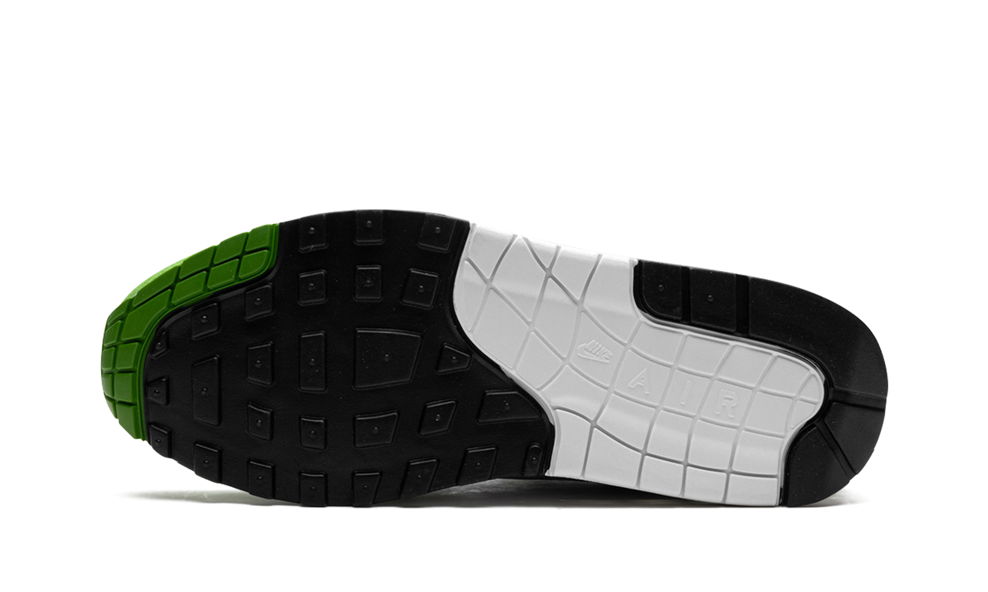Nike Air Max 1 Patta “Chlorophyll” (HF1012-300) sneakers met een witte en grijze basis, groene chlorophyll accenten, golvende Patta mudguard, premium mesh en suède overlays, en de iconische zichtbare Air unit in de zool.
